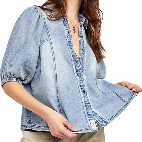 Free People Puffed-Sleeve Denim Shirt - Light Indigo - Picture 1 of 12